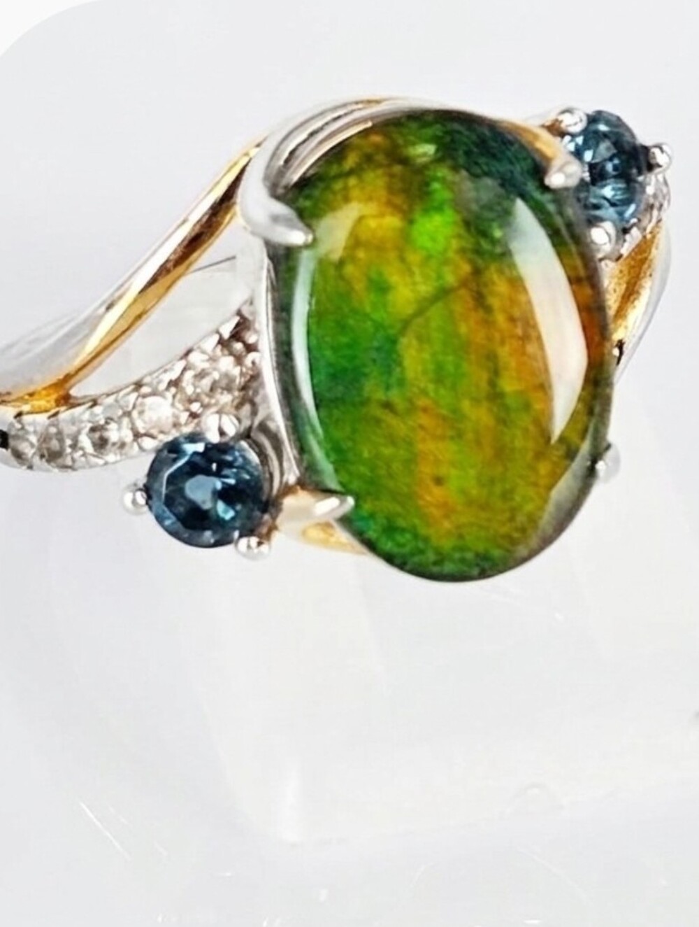 Genuine Ammolite London Blue Topaz White Zircon 14kt & Sterling Silver Sz 9!